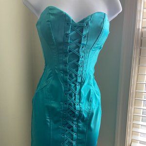 Bebe Blue Green Satin Strapless Corset dress